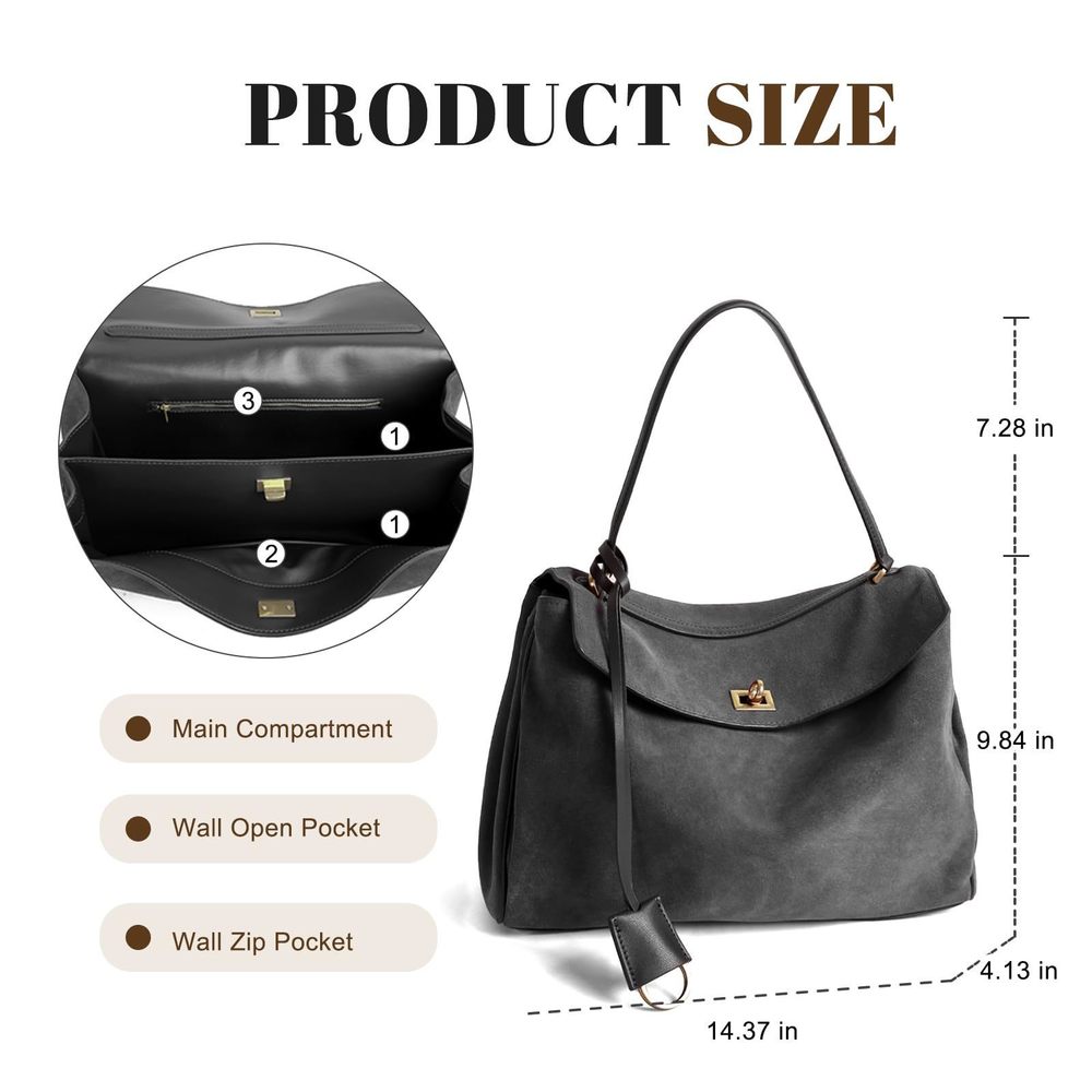 Leather Suede Tote Bag Genuine Leather Shoulder Handbag - Large :') - Picture 4 of 6